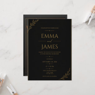 Invitación de boda de lujo negra y dorada.