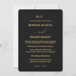 Invitación de boda de lujo negra y dorada