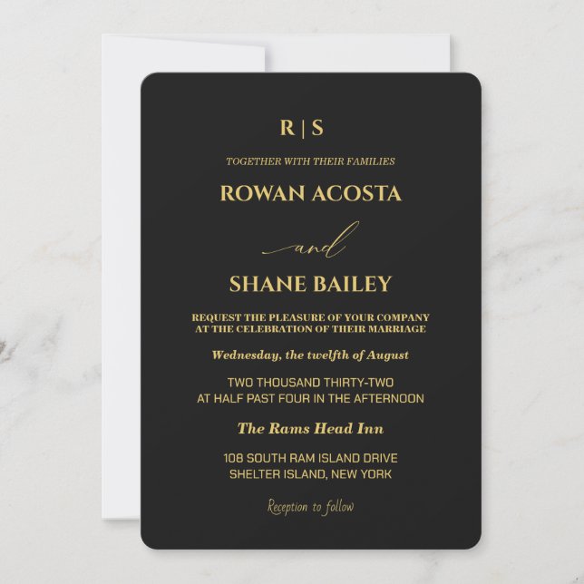 Invitación de boda de lujo negra y dorada (Anverso)