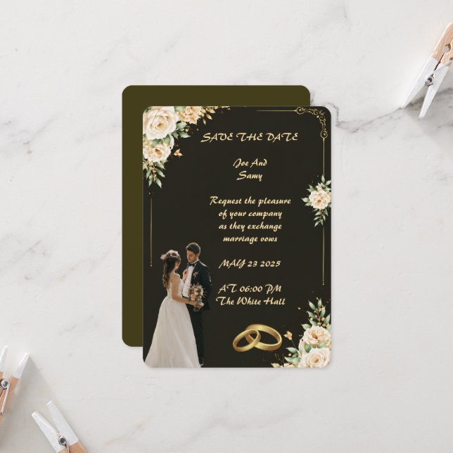 Invitación de boda de lujo negra y dorada (Anverso/Reverso In Situ)