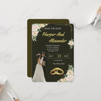 Invitación de boda de lujo negra y dorada