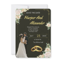 Invitación de boda de lujo negra y dorada