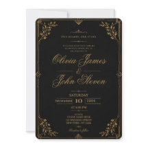 Invitación de boda de lujo negra y dorada