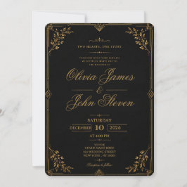Invitación de boda de lujo negra y dorada