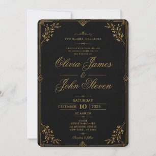 Invitación de boda de lujo negra y dorada