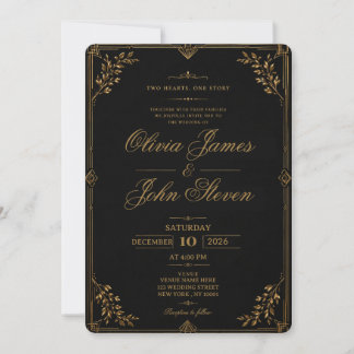 Invitación de boda de lujo negra y dorada