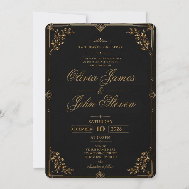 Invitación de boda de lujo negra y dorada (Anverso)