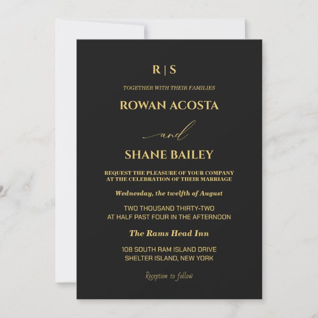 Invitación de boda de lujo negra y dorada (Anverso)