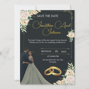 Invitación de boda de lujo negra y dorada