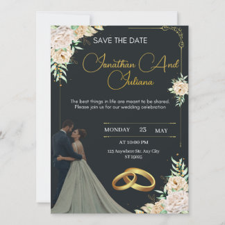 Invitación de boda de lujo negra y dorada