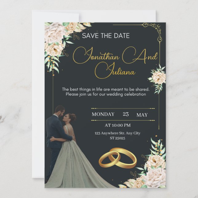 Invitación de boda de lujo negra y dorada (Anverso)