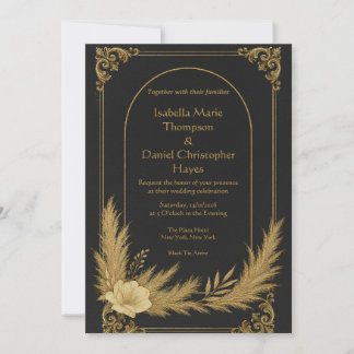Invitación de boda de lujo negra y dorada elegante