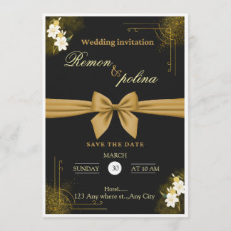 Invitación de boda de lujo negra y dorada elegante