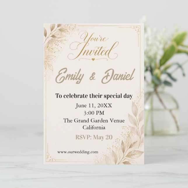 Invitación de Boda de Lujo Personalizada Beige Dor (Anverso de pie)