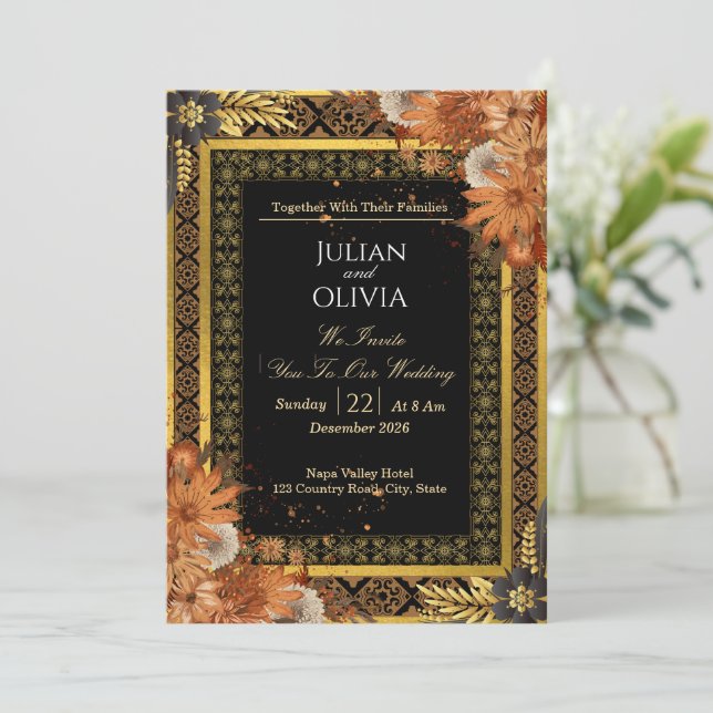 Invitación de Boda de Lujo Real Negro y Dorado (Anverso de pie)
