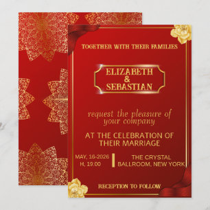 Invitación de boda de lujo real roja y dorada con