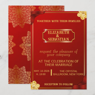 Invitación de boda de lujo real roja y dorada con