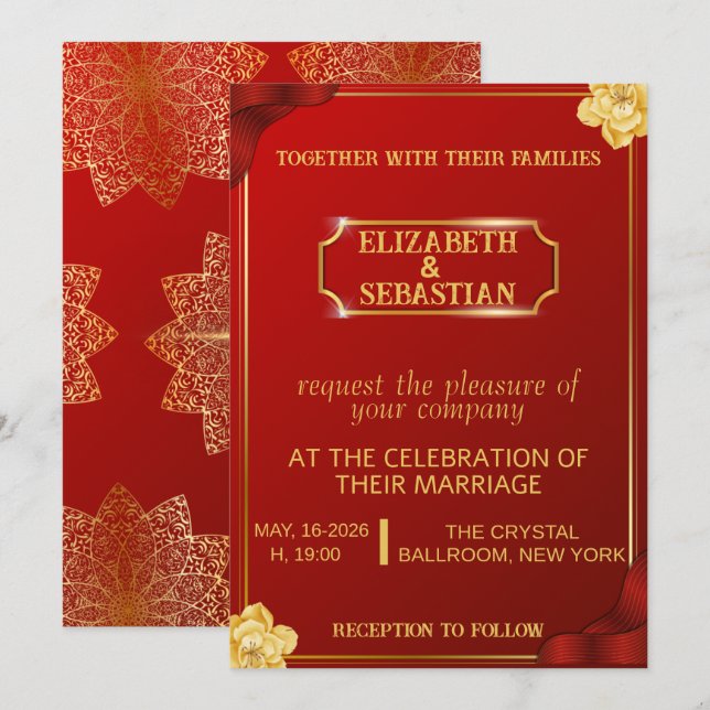 Invitación de boda de lujo real roja y dorada con  (Anverso / Reverso)