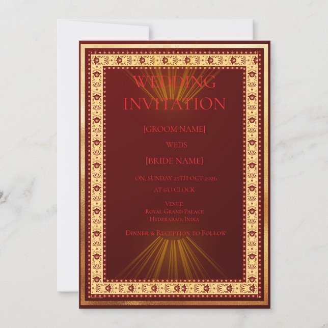 Invitación de boda de lujo roja y dorada  (Anverso)