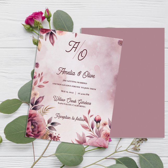 Invitación de boda de lujo romántica etérea en col (Ethereal Mauve Fine Art Floral Wedding Invitation | Romantic Luxury Blush Wedding Invitation)