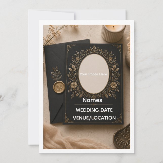 Invitación de Boda de Lujo Vintage Negro y Dorado (Anverso)