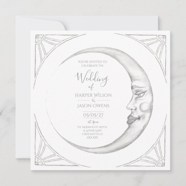 Invitación de boda de luna Art Deco dibujada a man (Anverso)