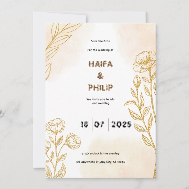 Invitación de Boda de luz delgada con flores de or (Anverso)