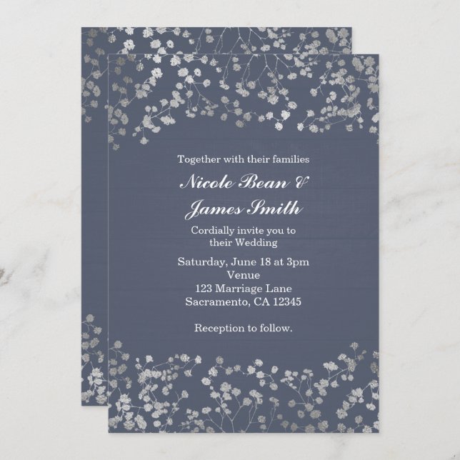 Invitación de boda de madera azul con aliento de b (Anverso / Reverso)
