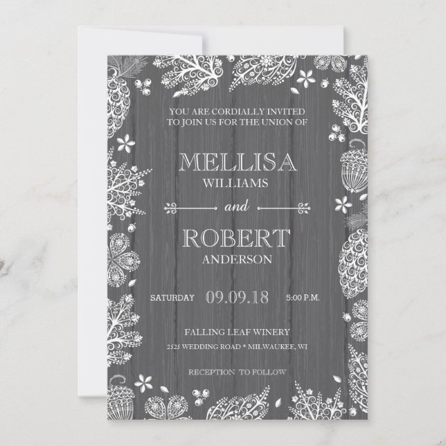 Invitación de boda de madera con hojas de encaje (Anverso)
