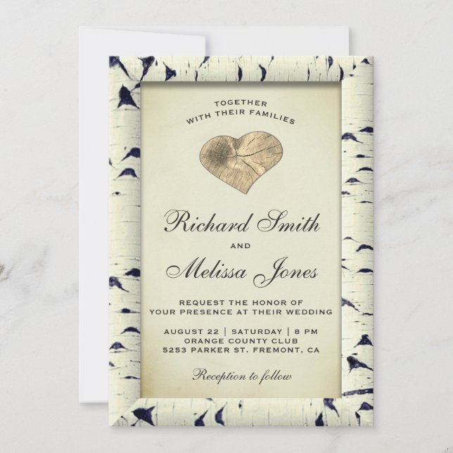Invitación de boda de madera de corteza de abedul  (Anverso)