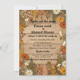 Invitación de boda de madera floral de otoño rústi