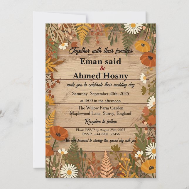 Invitación de boda de madera floral de otoño rústi (Anverso)