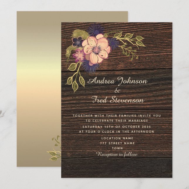 Invitación de boda de madera floral rústica (Anverso / Reverso)