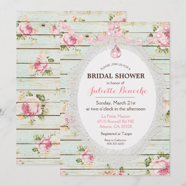Invitación de boda de madera floral Shabby Chic (Anverso / Reverso)