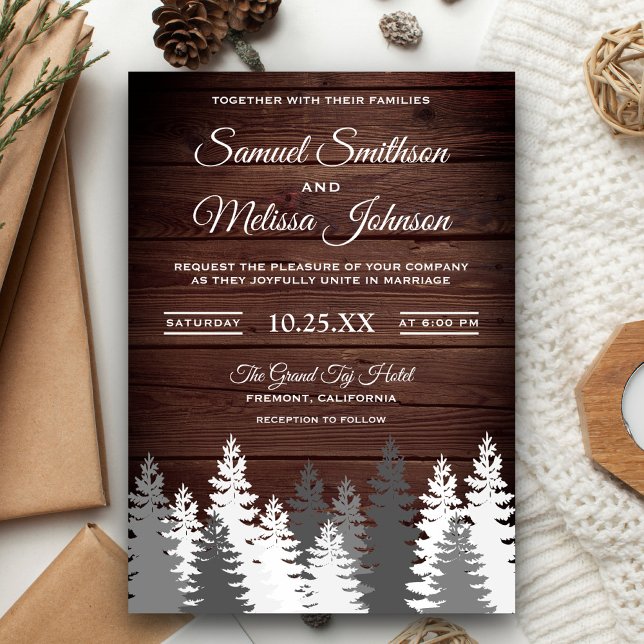Invitación de boda de madera rústica con pinos cub (Subido por el creador)