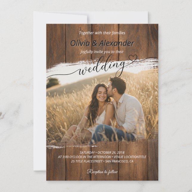 Invitación de boda de madera rústica de campo con  (Anverso)