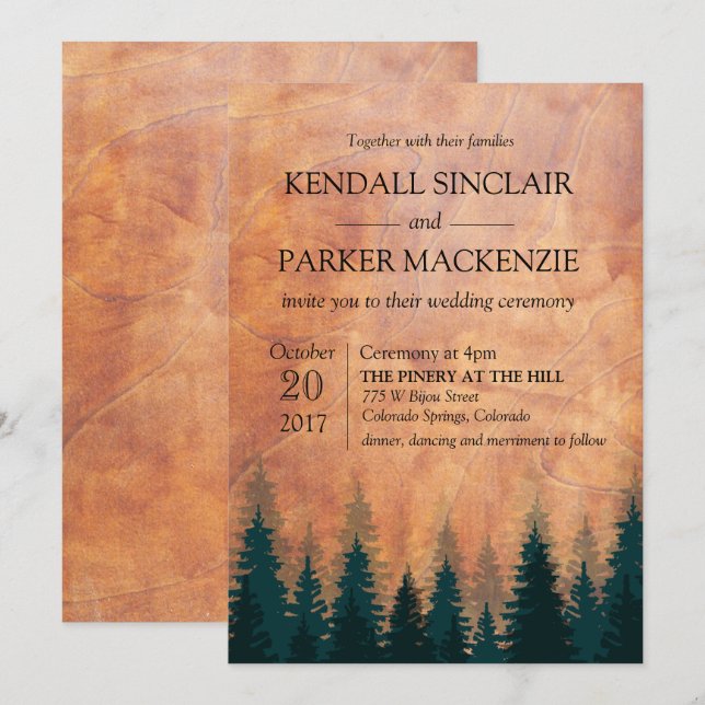 Invitación de boda de madera rústica del bosque (Anverso / Reverso)