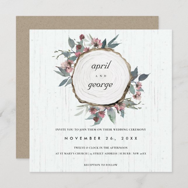 INVITACIÓN DE BODA DE MADERA RÚSTICA PINK VERDE FL (Anverso / Reverso)