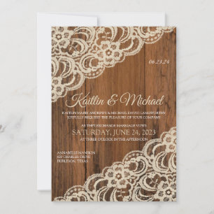 Invitación de boda de madera rústica y encaje beig