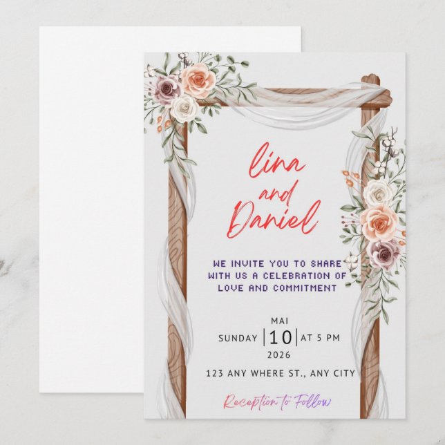 Invitación de Boda de Madera Rústica y Floral - Bo (Anverso / Reverso)