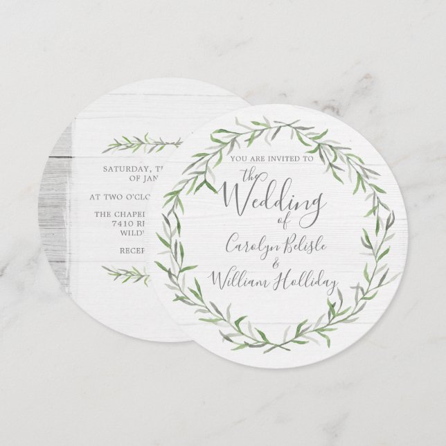 Invitación de Boda de Madera Rústica y Hojas Botán (Anverso / Reverso)