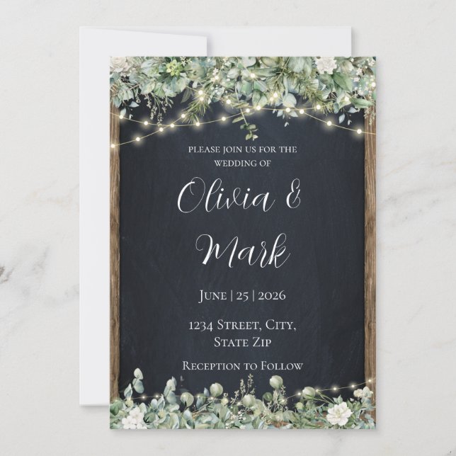Invitación de boda de madera rústica y luces de cu (Anverso)