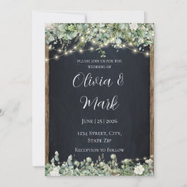 Invitación de boda de madera rústica y luces de cu