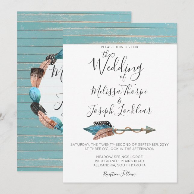 Invitación de Boda de Madera Turquesa Rústica con  (Anverso / Reverso)