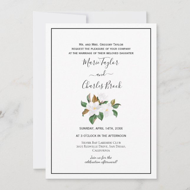 Invitación de boda de magnolia blanca y rosa (Anverso)
