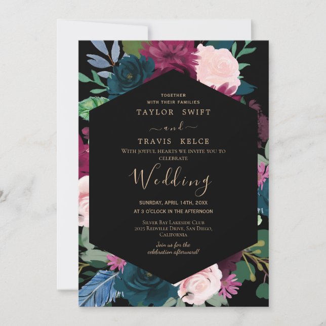Invitación de boda de magnolia de oro negro (Anverso)