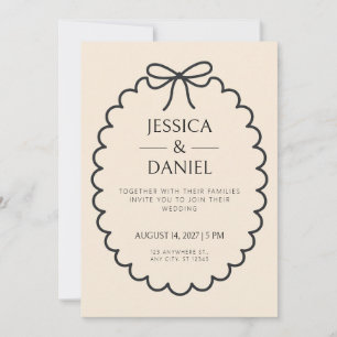Invitación de boda de marfil con lazo de cinta esc