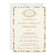 Invitación de boda de marfil vintage con monograma