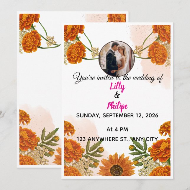 Invitación de boda de Marigold Naranja Quemada (Anverso / Reverso)