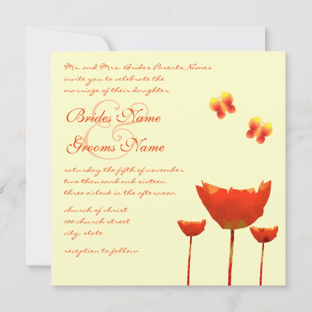 Invitación de boda de mariposa monarca amapola nar (Anverso)